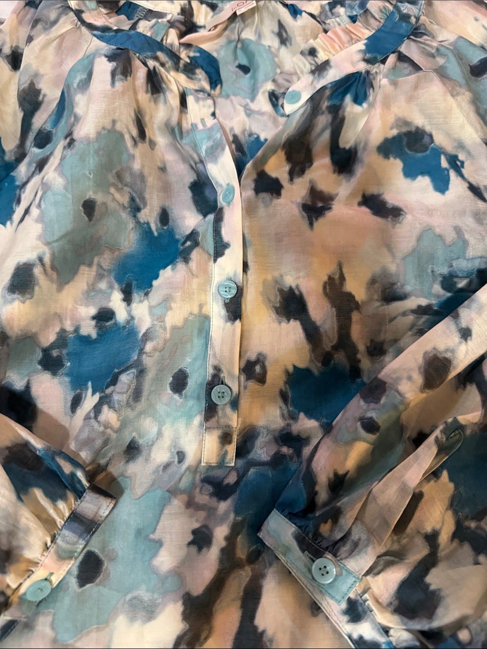 LOFT Teal and Blue Abstract Watercolor Button-Front Blouse - Picture 3 of 5